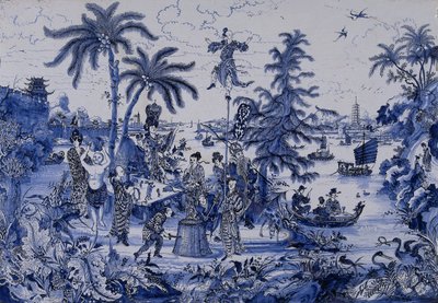 Plakette mit Chinoiserie-Landschaft und vergoldeten Details, um 1680 (Faience) von Dutch School